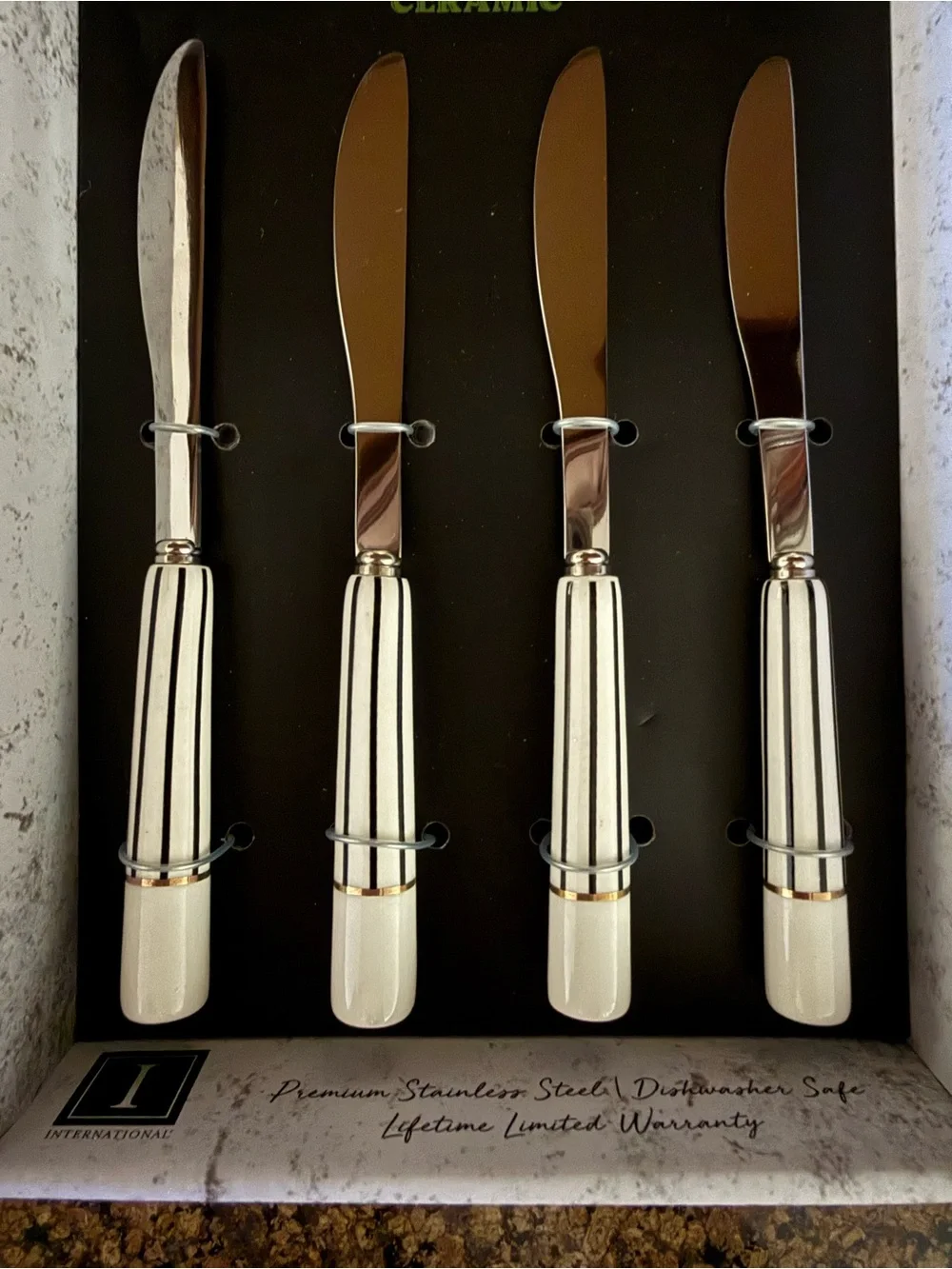 Set of 4 Dishwasher Safe Spreaders-Black & White Stripes w/Gold & Silver Accents